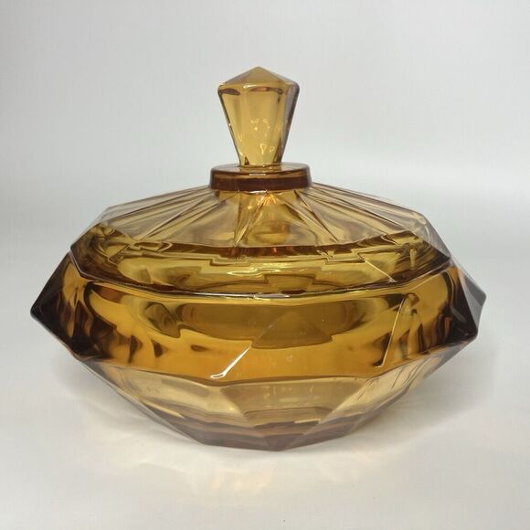 Other - VTG Viking Amber Glass Covered Candy Dish Bowl Lid Diamond Point 7.5"